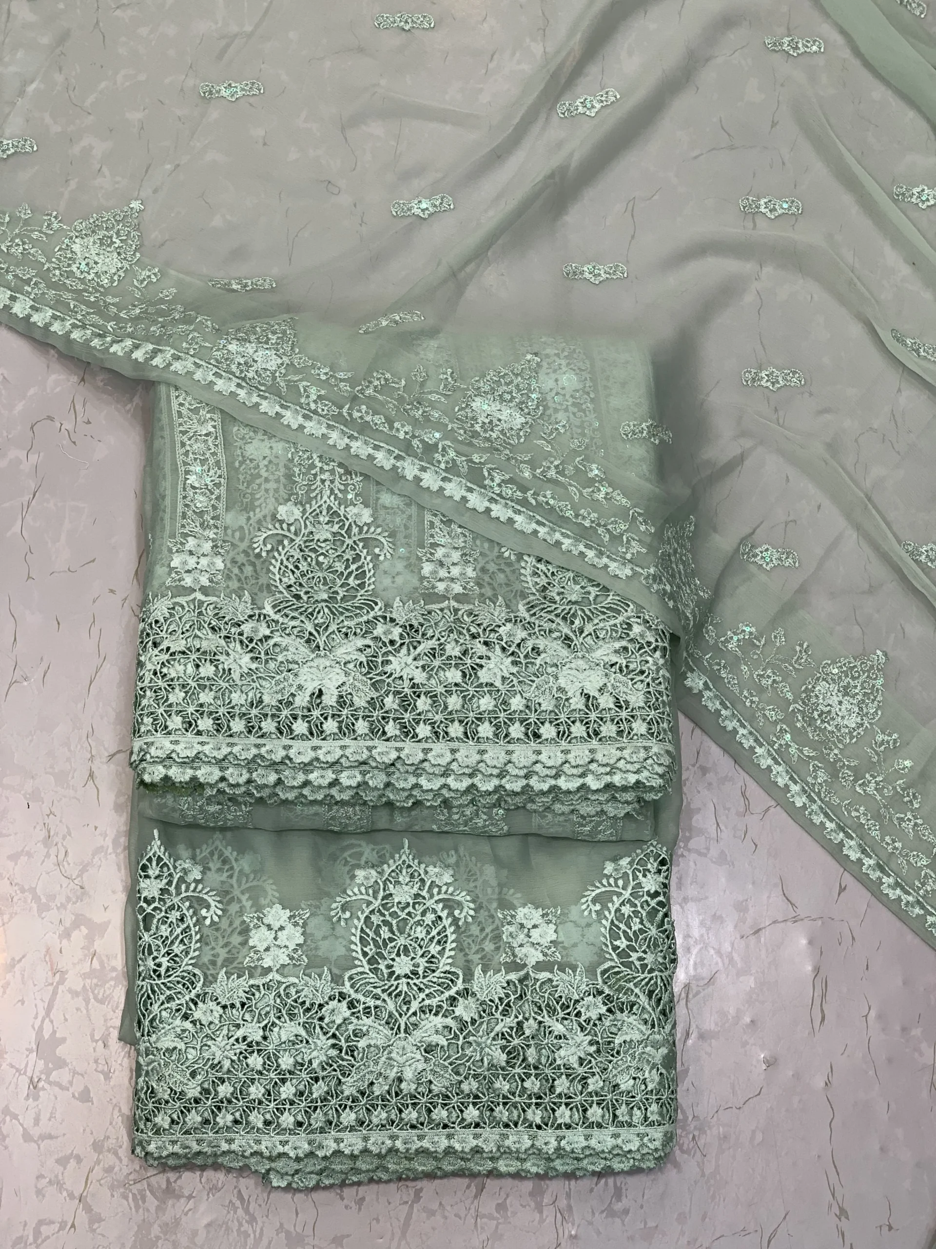 Muted Sage Green chiffon embroidered suit