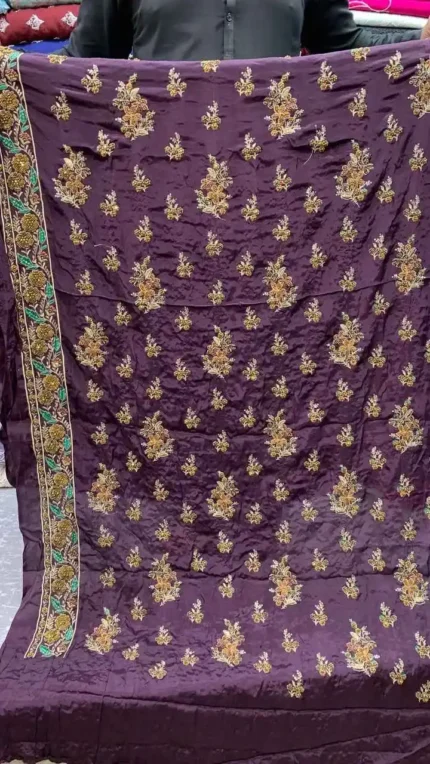 Embroidered Silk 3 Piece Suit – Deep Purple Floral