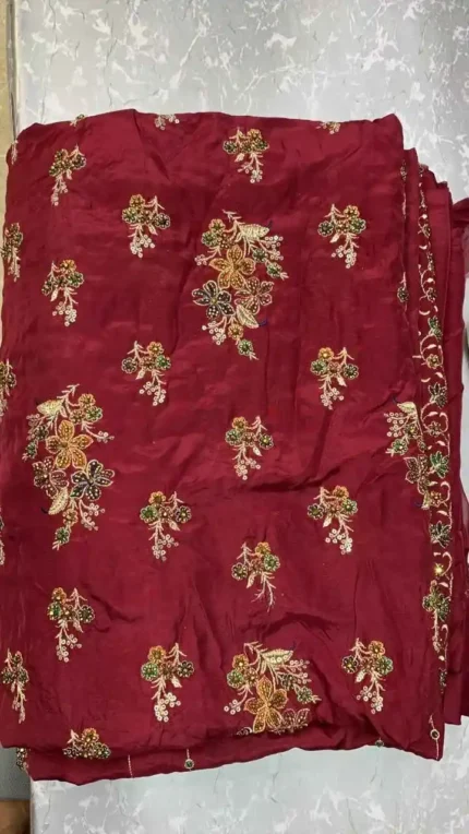 Embroidered Silk 3 Piece Suit – Maroon Floral
