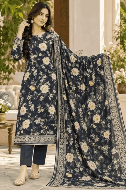 Printed Raw Silk 3 Piece Suit – Navy Floral Print