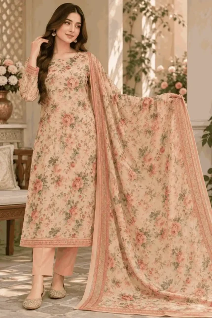 Printed Raw Silk 3 Piece Suit – Peach Floral Print