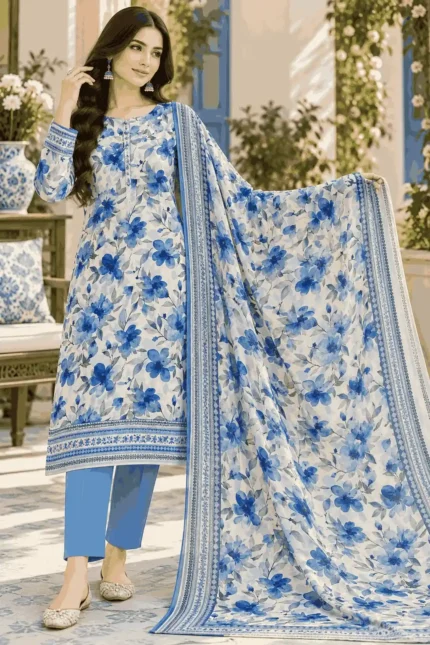 Printed Raw Silk 3 Piece Suit – White & Royal Blue Floral Print